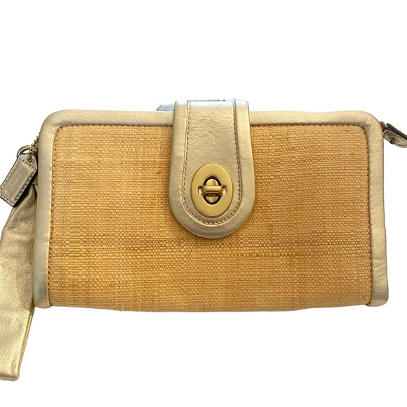 Coach Parker 42474 Gold & Straw Turnlock Wristlet Wallet Clutch Purse - Picture 1 of 5
